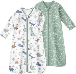 FIEMOL Baby Sleep Sack 18-24 Months, Long Sleeve Baby Wearable Blanket 0.5 Tog with Mittens, 2-Way Zipper Toddler Cotton Sleeping Sack for Boy and Girl Green Dinosaur 2 Pack(XLarge)