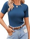 Zeagoo Women's Short Sleeve Shirt Basic Tops Crewneck Ribbed Knit Slim Fit T Shirt Cute Summer Outfits