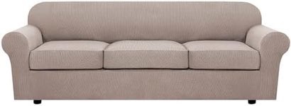 H.VERSAILTEX 4 Piece Stretch Sofa Covers for 3 Cushion Couch Covers Furniture Slipcovers (1 Base Cover Plus 3 Seat Cushion Covers) Thicker Jacquard Fabric Cover (XL Sofa, Khaki Sand)