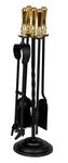 stax Hearth & Home Black Fireplace Companion Set 5 Piece 19 Inch Brass Top Brush Tongs Poker Shovel