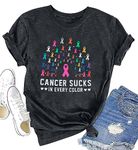 Breast Cancer Shirts Women Cancer Awareness Tshirt Cancer Sucks in Every Color Tee Tops Cancer Survivor Ribbon Shirt, Dark Gray, Small