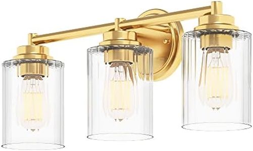 GETINLIGHT Inlight 20" Wide 3-Light Gold Bathroom Vanity Light with Clear Ribbed Glass Shade, Bulb Not Included, IN-0444-3-GD