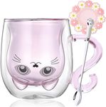 Arawat Cat Mug Pink Glass Double Wall Glasses Cat with Pink Handle Coffee Mug with Spoon & Coaster Coffee Mugs Cups Cat Glasses Tea Mug Birthday Gift Women Girlfriend