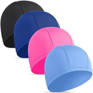 4 pcs Elastic Swim Caps for Both Women & Men & Kids Fabric Durable Non-Waterproof Cloth Swimming Pool Cap Elastic Bathing Cap (Rose Red & Dark Blue&Blue&Black, 4)