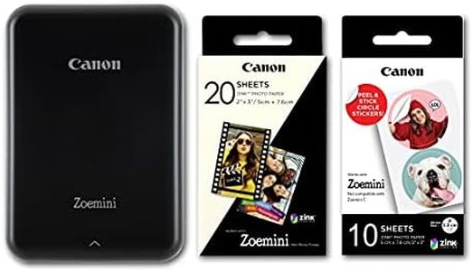Canon Zoemini Instant Mini Photo Printer (Black) + pack of 20 sheets + pack of 10 circle stickers