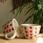 Kawai Homes Handmade Cute Red Hearts Ceramic Cups Set of 2 for Couples Kids Chai Tea Coffee Microwave Aesthetic Handpainted Cups (330 ml, Pack of 2)