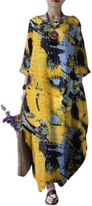 Celmia Women's Solid Maxi Dresses Short Sleeve Loose Fit Long Kaftan Dress A-Marble Yellow Large