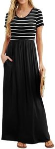 GRECERELLE Women's Short Sleeve Maxi Dresses Casual Long Dresses with Pockets, Black Striped, Small