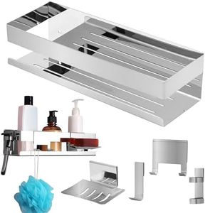 BELLE VOUS Mensola Doccia - Mensola Porta Bagnoschiuma da Bagno - Installazione Senza Foratura - Adesiva in Acciaio Inox - Organizer per Oggetti e Accessori - Soluzione 5-in1