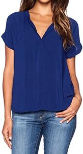 LILBETTER Women Chiffon Blouse V Neck Short Sleeve Top Shirts (Royal Blue,X-Large)