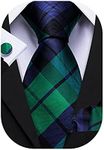 Barry.Wang Green Blue Man Tie Fashion Plaid Checkered Necktie Cufflinks Handkerchief Design
