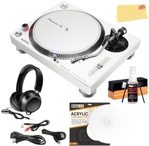 Pioneer PLX-500-W Direct Drive Turntable - White Bundle with Headphones, Slipmat, Cleaning Kit, and Austin Bazaar Polishing Cloth