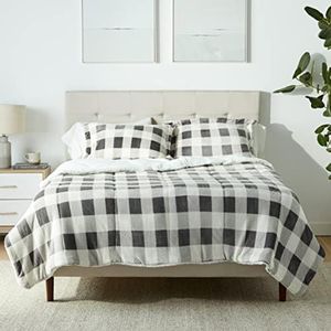 Amazon Basics Ultra-Soft Micromink Sherpa Comforter Bed Set - Gray Gingham, Full/Queen