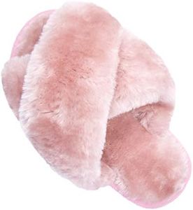 ISZPLUSH Girl's Fluffy Slippers Kids' Fuzzy Slippers Slide Sandals Leopard Tie Dye Cross Band Plush Open Toe Slip on House Bedroom Slippers, Pink, 9-10 Narrow Toddler