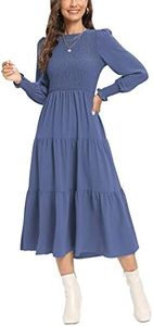 Esaleely Women Long Sleeve Casual Dress A-line Flowy Smocked Long Dress Crewneck Tiered Maxi Dress for Winter Fall, Blue, Small