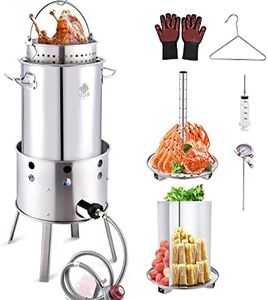 ARC 32QT Stainless Steel Turkey Fyrer Kit With Burner, Seafood Boil Pot And Burner With Basket,Crawfish Boil Tamale Steamer Crab Boil Pot With Injector Thermometer, High Temperature Resistant Gloves