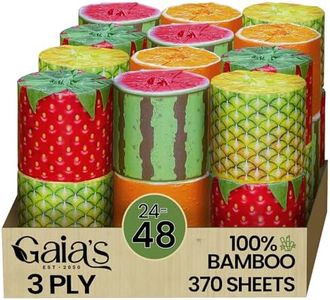 Gaias Premium FruiTP Organic 100% Bamboo Toilet Paper, 3 Ply - Eco-Friendly, Sustainable Tissue, 24 Double Rolls & 370 Sheets/Roll - Plastic Free Packaging, Septic Safe & Biodegradable - FSC Certified