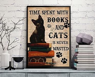 Niekea Plaque vintage en métal « Time Spent With Books And Cats Is Never Wasted » - Poster vintage avec chat noir et livres - Art mural amusant pour amoureux des livres - 30,5 x 20,3 cm
