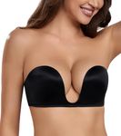 HACI Deep U Push Up Bras Seamless Low Cut Underware Multiway Plunge Strapless Bra（Black,32C