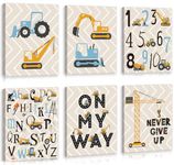 KAIRNE Construction Alphabet Poster Set of 6(8x10 INCH) Framed Cars ABC Poster,Vehicle Wall Decor Poster,Boys Construction Room Decor,Inspirational Truck Car Pictures for Boys Playroom Decor