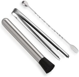 Muddler for Cocktails,10" Bar Spoon & Ice Tongs with Serrated Tip, 3Pcs Stainless Steel Bar Tools Set for Mojitos, Lemonade, Fruit Drinks, Home Party Bar Accessories