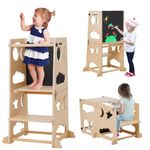 Toddlers Kitchen Step Stool, Montessori Learning Tower with Chalkboard, Stool Helper for Kids in Kitchen & Washstand & Toilet, Foldable Toddler Table and Chair