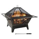 Sunnydaze Northern Galaxy Heavy-Duty Fire Pit - 32 Inch Steel Large Square Wood Burning Patio or Backyard Firepit - Weighs 30 Pounds - Cooking Grill Grate, Spark Screen, and Fireplace Poker Included