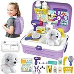 HERSITY Kids Vet Kit Dog Grooming Toy Pet Care Role Play Games Animal Dolls Pretend Play Pet Carrier Set Toys 3 4 5 Year Old Girls Boys Children Gifts