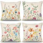 Betylifoy Throw Pillow Covers 18x18 Set of 4 Fall Floral Cushion Covers Outdoor Farmhouse Wildflower Butterfly Decorative Pillowcases Linen Cushion Case for Home Bedroom Sofa Patio (Wildflower)