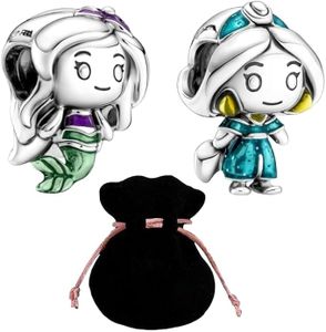 JABEDE - Confezione di 2 Charm Eleganti - Ciondolo in Argento Sterling 925, Design Esclusivo, Compatibile con Bracciali e Collane di Marche Principali, Ideale per Donne e Ragazze, (JASMINE E ARIEL)