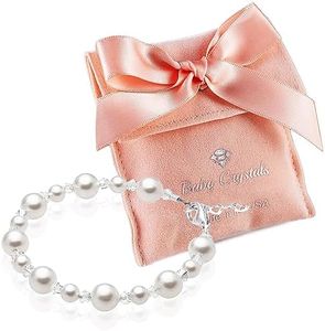 Baby Crystals Sterling Silver Charm Bracelets for Girls -Girls Jewelry with High end European White Simulated Pearls and European Crystals – Birthday gifts, Pearl Bracelet for girls