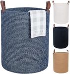 Twira Extra Large 20x16 Inches Cotton Rope Basket, Woven Baby Laundry Blanket Basket with Leather Handle Toy Basket Storage Baskets Bin for Yoga Mat & Towel (Blue）