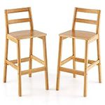 COSTWAY Bar Stools Set of 2, Rubber Wood Counter Height Kitchen Stools with Backrest and Footrests, 71cm High Seat Breakfast Pub Chairs for Dining Room Restaurant Hotel, Natural