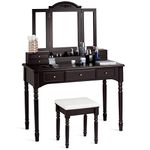 Multigot Dressing Table Set, Wooden Makeup Desk with Cushioned Stool, Detachable Tri-Folding Mirror, 7 Drawers & 8 Necklace Hooks, Vanity Dresser for Bedroom and Living Room (Brown)