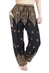 Lannaclothesdesign Drawstring Yoga Pilates Harem Pants Elephant Print (M, Black Peacock Flower)