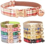 PETDURO Handmade Personalized Plaid Cat Collars with Bell & Name Engraved Metal Buckle Customized for Cute Girl and Boy Cats - Matching Bow Tie Available (L, Orange Brown Plaid Rose Gold Buckle)