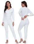 COLORFULLEAF Women's Cotton Thermal Underwear Union Suits Long Onesie Pajamas Base Layer PJ's Loungewear, White-button, Medium