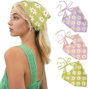 Floral Bandanas Crochet Hair Scarf - 3Pcs Women Knitted Headscarf Daisy Headband Vintage Head Kerchief for Girls By MOLANS