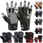 MRX Weight Lifting Pro Level Gloves With 18 Inches Long Wrist Strap Gym Workout Exercise & Fitness Black Grey (Medium)