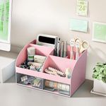 HOME CUBE Plastic Desk Organizer With Drawer Desktop Office Stationery Storage Box Desk Accessories Mobile Holder Table Organiser Study Table Office Table Desk Organizer (Pink)