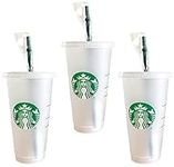 Starbucks Reusable 3 Hard Plastic Venti 24 oz Frosted Ice Cold Drink Cup with Lid and Green Straw w/Stopper