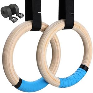 LIFERUN Gymnastics Rings, Olympic Rings Wooden 1100lbs with Adjustable Metal Buckle 16.7ft Long Straps, Pull Up Rings Workout Rings for Home Gym (Blue)