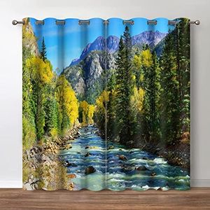 Jekeno Forest Tree Blackout Curtains - Swiss Mountains Snowmelt Stream Decor, Clear Blue Sky Nature Theme Grommet Window Drapes for Bedroom Living Room, 42 Wide 63 Long inches, 2 Panel Set