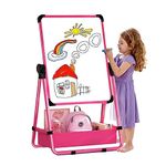 Kids Art Easel Double Sided Whiteboard &Chalkboard Height Adjustable U-Stand 360° Rotating Design (Pink)