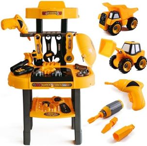 Toddler Workbench and Tool Kit w/ 2 Trucks - 2 in 1 Construction Toy Set Plus Toy Power Tools, DIY Electric Drill, Nuts and Bolts - Stable, Interactive - Durable for Boys and Girls Age 3-5