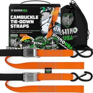 Rhino USA Cinghie a Cricchetto per Moto 1000 kg - Cinghie di Fissaggio a Cricchetto - 2 Pz - Cinghie con Ganci a S con Sicura - Cinghia a Cricchetto - per Viaggio Trasporto Trasloco - Orange