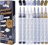 Black White Gold Silver Acrylic Paint Pens, 0.7mm Permanent Marker Pens Waterproof Art Draw Painting Pens for Fabrics Tire Nail Ceramic Wood Metal Paper Glass Windows Plastic Leather DIY 8 Pack