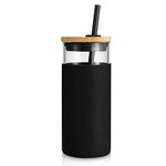 Tronco 20 oz Glass Tumbler with Straw and Bamboo lid,Wide Mouth Smoothie Cups,Reusable Iced Coffee Cup, Tumbler with Silicone Protective Sleeve - BPA Free（Black）