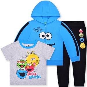 Sesame Street Elmo and Cookie Monster Boys Zip-up Hoodie, T-Shirt and Pants Set for Infant and Toddlers, Blue, 24 Months