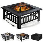 ORALNER Outdoor Fire Pit, 32" Square Wood Burning Fire Pit Stove w/BBQ Grill, Spark Screen Rain Cover & Fire Poker Fire Bowl Metal Fireplace, Fire Pits for Outside Backyard Garden Patio Bonfire